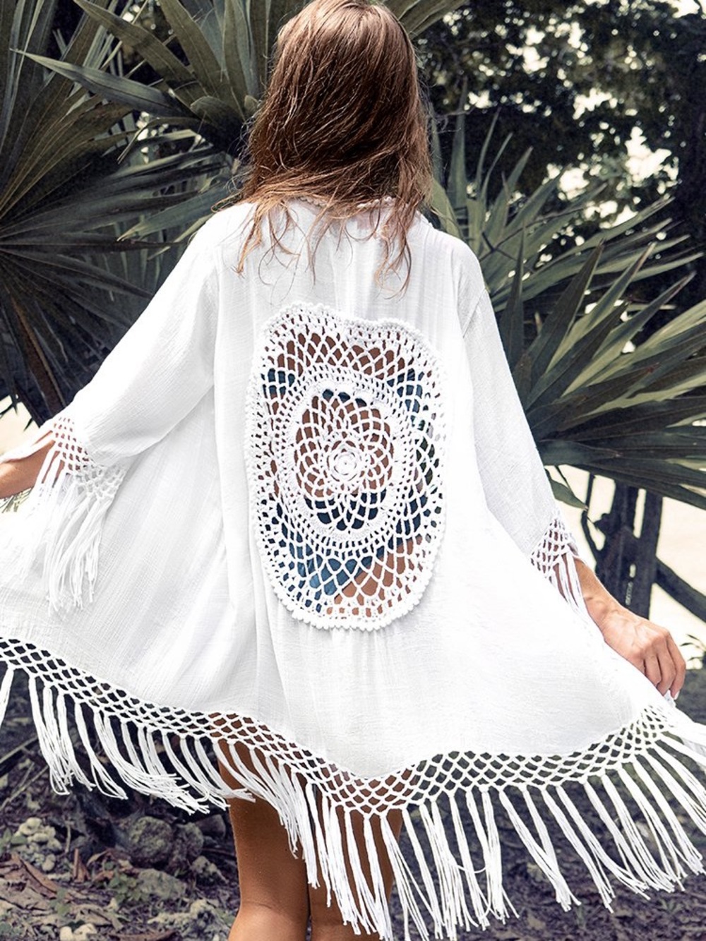Liv Los Angeles bohemian-style crochet medallion fringe kimono cardigan ivory